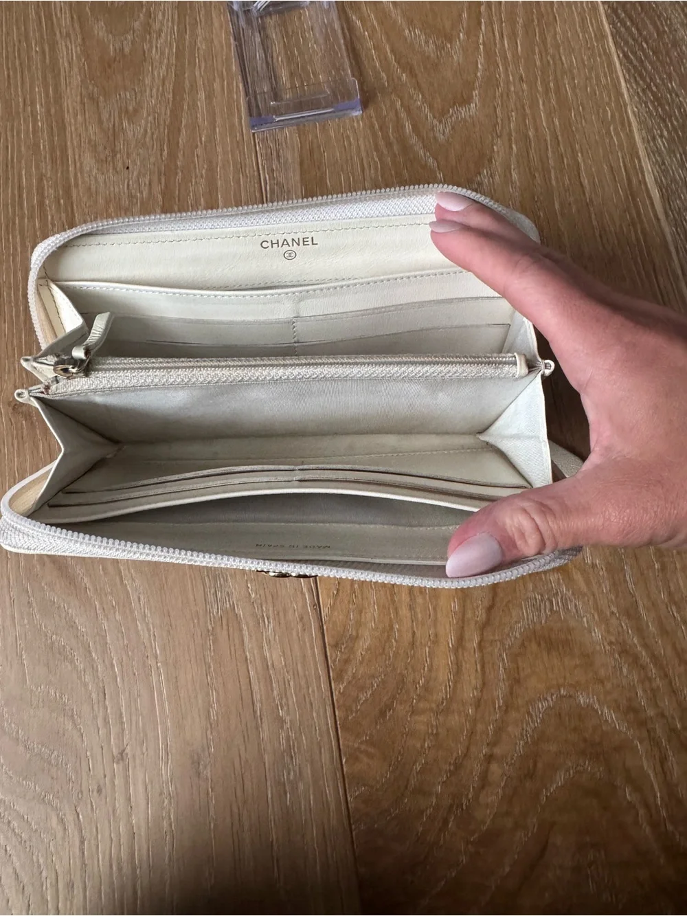 CHANEL Cream Quilted Zip Wallet with Gold CC